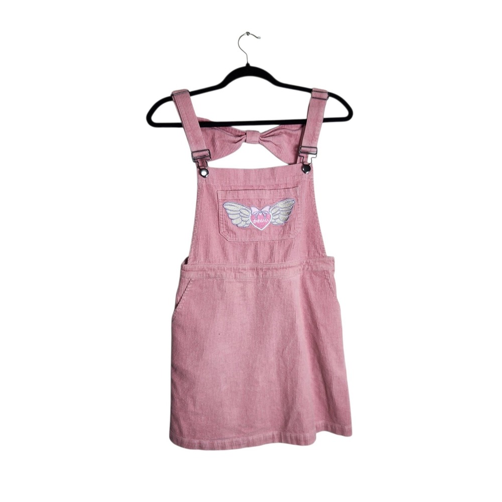 Hot Topic Pink Corduroy Kawaii Winged Heart Bow Back Overall Dress Small
